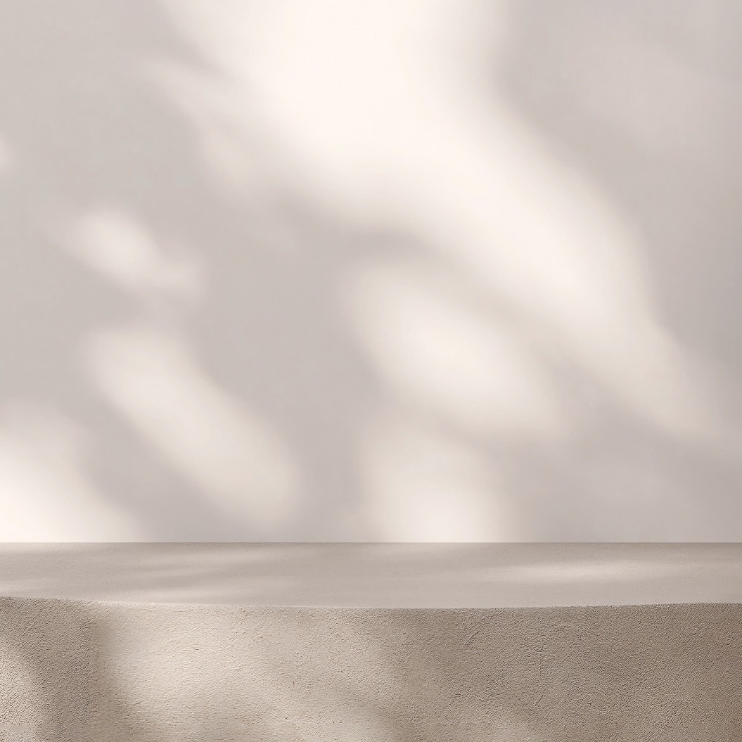Blank beige brown cement curve counter podium with texture, soft beautiful dappled sunlight, leaf shadow on white wall for luxury organic cosmetic, skincare, beauty treatment product background 3D.